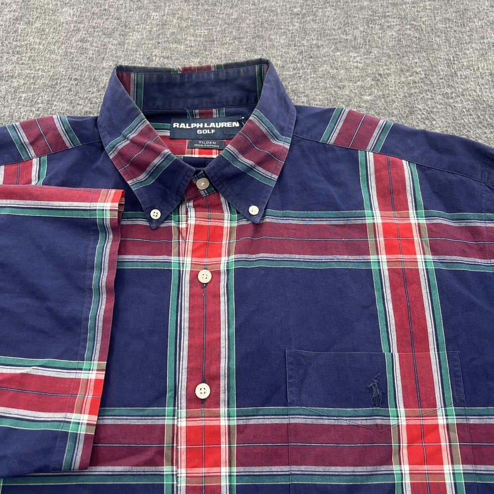 Vintage Ralph Lauren Golf Tilden Button Down Shirt Mens L Plaid 90s SS Pocket